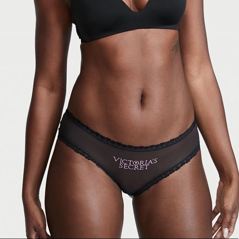 Victoria’s Secret Mesh & Heart Trim Hiphugger Panty Black Large NEW